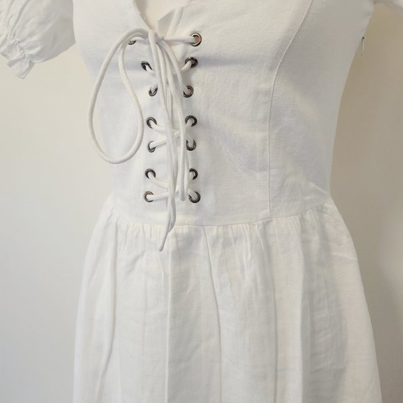 White Puff Sleeve Lace Up Milkmaid Puff Sleeve Sweetheart Skater Dress Cotton - Picture 7 of 15